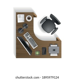 Vector Illustration. Office Room. Top View. Office Desk, Chair, Computer And Items. (View From Above)