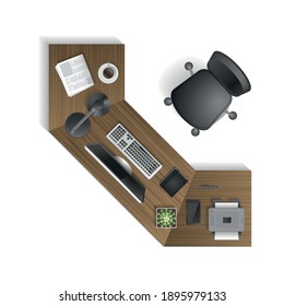 Vector Illustration. Office Room. Top View. Office Desk, Chair, Computer And Items. (View From Above)