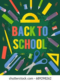 Vector illustration with office or school stationery items in flat style and text welcome back to school