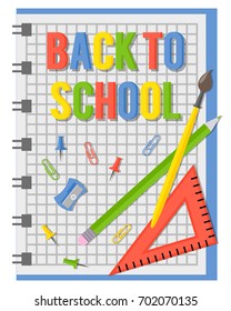 Vector illustration with office or school stationery items in flat style and text welcome back to school
