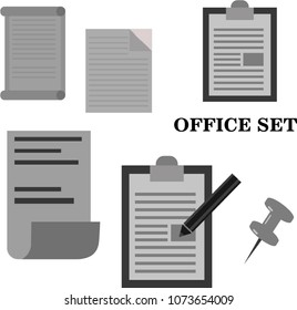 Vector illustration. Office set: file, documents, pen, pencil, drawing pin.