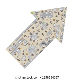 Vector illustration. Office in the shape of an arrow. Top view. People at work in open space. (view from above)