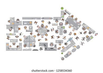 Vector illustration. Office in the shape of an arrow. Top view. People at work in open space. (view from above)