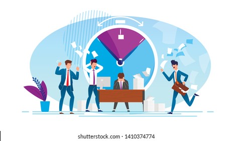 Vector Illustration Office Situation Cartoon. People Experience Psychological Pressure at Work due to Non-compliance with Deadlines. Men in Office are very Nervous on Background Large Hours.