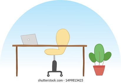 Vector illustration office space. Flowerpot, office chair, desk and laptop. Hand drawn. Colored outlines.