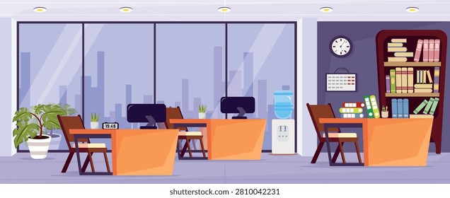 Vector illustration of office space interior. Cartoon scene of a modern office with tables, computers, a cabinet with folders, panoramic windows, a cooler, a calendar, a clock hanging on the wall.