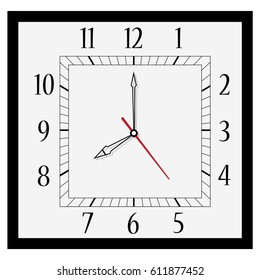Vector illustration office square clock. Classic black and white  wall clock isolated on white. Clock on wall shows eight o'clock