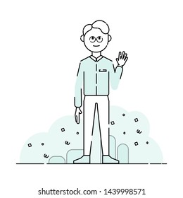 vector illustration of office staff in glasses waving hand, simple clip art of businessman 