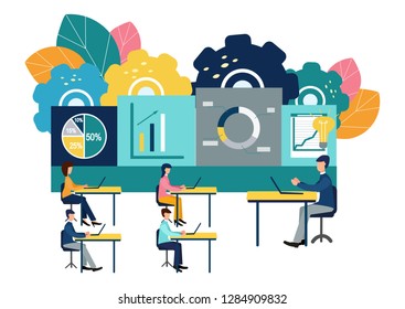 Vector illustration Office staff training. Team thinking. Increase sales and skills.