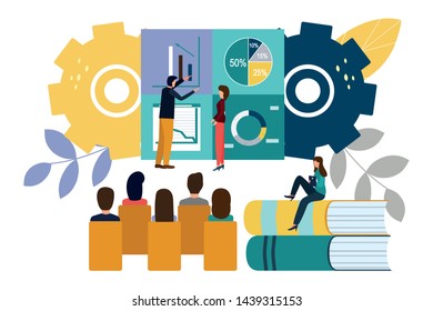 Vector illustration Office staff training. Team thinking. Increase sales and skills.