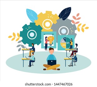 Vector illustration Office staff training. Team thinking. Increase sales and skills.
