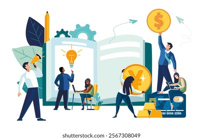 Vector illustration. Office staff write in journal financial analytics in business money gold coins, dollar, yen. Increase sales. Team thinking and brainstorming. Analysis of information.Ethnic people