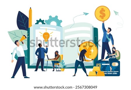 Vector illustration. Office staff write in journal financial analytics in business money gold coins, dollar, yen. Increase sales. Team thinking and brainstorming. Analysis of information.Ethnic people