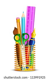 vector illustration of office stationery in pen stand