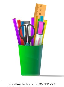 Vector illustration of office supplies assortment placed in green cup.