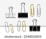Vector illustration of office supplies, featuring binder clips, paper clips in black, silver, gold colors. Realistic design with transparent background, for office, organization, stationery themes