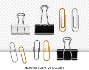 Vector illustration of office supplies, featuring binder clips, paper clips in black, silver, gold colors. Realistic design with transparent background, for office, organization, stationery themes