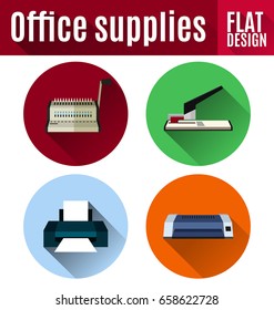 Vector Illustration of  office supplies flat design icon set, (comb binding machine,stapler,laminator,printer).