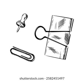 Vector illustration of office supplies. Outline Set of binder clips, paper clips and pushpins in monochrome. Hand drawn Engraving design for office, organization, stationery themes