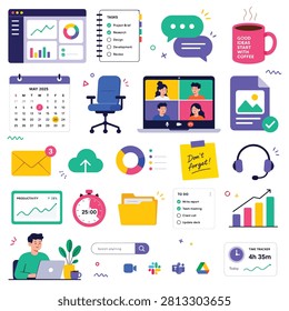 Vector illustration of office supplies and productivity tools in vibrant colors