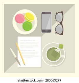 A vector illustration of office supplies , tea and macarons 