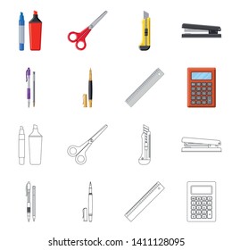Vector illustration of office and supply symbol. Set of office and school stock vector illustration.