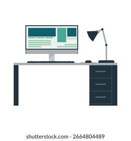 Vector illustration of an office table with 3 Drawers, a working computer screen and a table lamp on top. can be use in office related work and representations. 