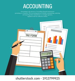 Vector Illustration Of Office Table Top View Of An Accountant Calculating Tax. Suitable For Backgrounds From Corporate Finance, Taxation, And Financial Planning.  Tax Form Illustration.