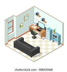 A vector illustration of an office that ha??s been set up at home.
Isometric Home office illustration Icon.
Working at home concept, with office furniture, computer, and filling cabinets.