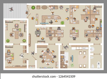 Vector illustration. Office. Top view. People at work.
Office room, meeting room, reception, restroom, office furniture, cabinets, desks, chairs, computers. View from above.