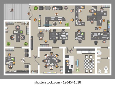 Vector illustration. Office. Top view. People at work.
Office room, meeting room, reception, restroom, office furniture, cabinets, desks, chairs, computers. View from above.