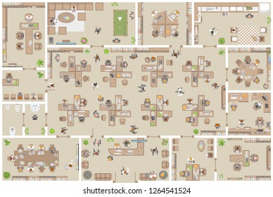 Vector illustration. Office. Top view. People at work.
Office room, meeting room, reception, restroom, office furniture, cabinets, desks, chairs, computers. View from above.