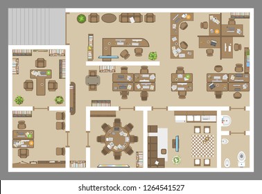 Vector illustration. Office. Top view.
Working space. 
Office room, meeting room, reception, restroom, office furniture, cabinets, desks, chairs, computers. View from above.