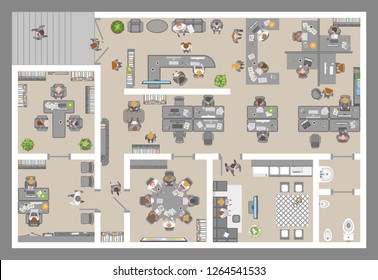 Vector illustration. Office. Top view. People at work.
Office room, meeting room, reception, restroom, office furniture, cabinets, desks, chairs, computers. View from above.