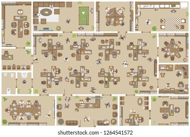 Vector illustration. Office. Top view. People at work.
Office room, meeting room, reception, restroom, office furniture, cabinets, desks, chairs, computers. View from above.