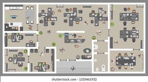 Vector illustration. Office. Top view. People at work.
Office room, meeting room, reception, restroom, office furniture, cabinets, desks, chairs, computers. View from above.