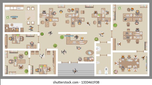 Vector Illustration. Office. Top View. People At Work.
Office Room, Meeting Room, Reception, Restroom, Office Furniture, Cabinets, Desks, Chairs, Computers. View From Above.