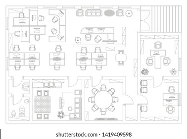 Vector illustration. Office. Top view.
Working space. 
Office room, meeting room, reception, restroom, office furniture, cabinets, desks, chairs, computers. View from above.