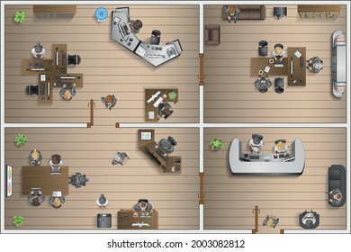 Vector illustration. Office. Top view. People at work.
Office room, meeting room, reception, restroom, office furniture, cabinets, desks, chairs, computers. View from above.