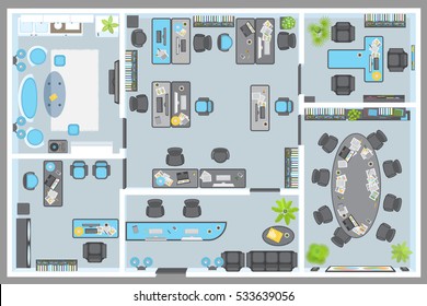 Vector Illustration. Office. Top View.
Working Space. Cabinets, Reception, Lounge, Furnished. View From Above.