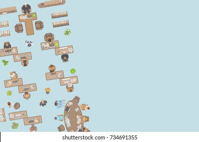 Vector illustration. Office top view. People at work. Office room, office furniture, cabinets, desks, chairs, computers. (view from above) 