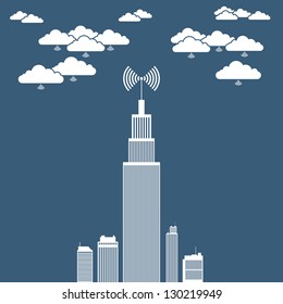 Vector illustration of an office tower building using several cloud network for its businesses.