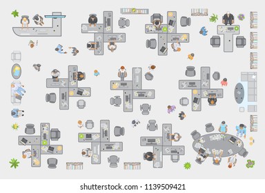 Vector illustration. Office view from above. People at work in open space. (top view)