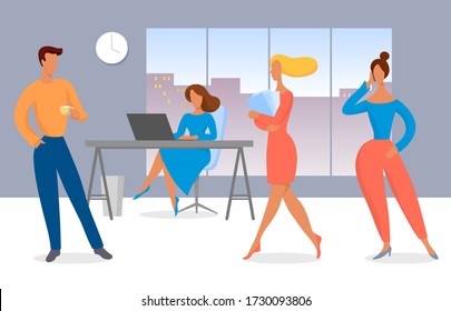 Vector illustration. Office work. Day at the office. Working people. Coffee break. Meeting. IT company. Laptop, computer. Young people work in  the office. Flat illustration. Colorful.