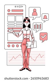
Vector illustration of office work, featuring a young woman working in front of a digital graphics background.