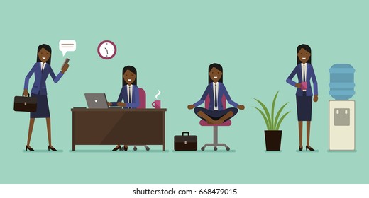 Vector illustration of an office worker. Business woman walking to work, working, doing relaxing yoga and drinking water. Corporate flat design on light turquoise background.