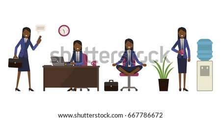 Vector illustration of an office worker. Business woman walking to work, working, doing relaxing yoga and drinking water. Corporate flat design on white isolated background.