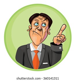 Vector illustration of an office worker or businessman holding his index finger up symbolizing new idea. Can be used as an advertisement.  Made in comic cartoon style.