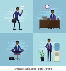 Vector illustration of an office worker. Businessman walking to work, working, doing relaxing yoga and drinking water. Corporate flat design on pale blue background.