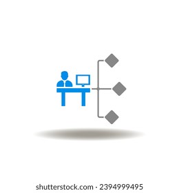 Vector illustration of office worker at a desk with a computer and network. Icon of PEO Professional Employer Organization. Symbol of business web network. Sign of intranet.